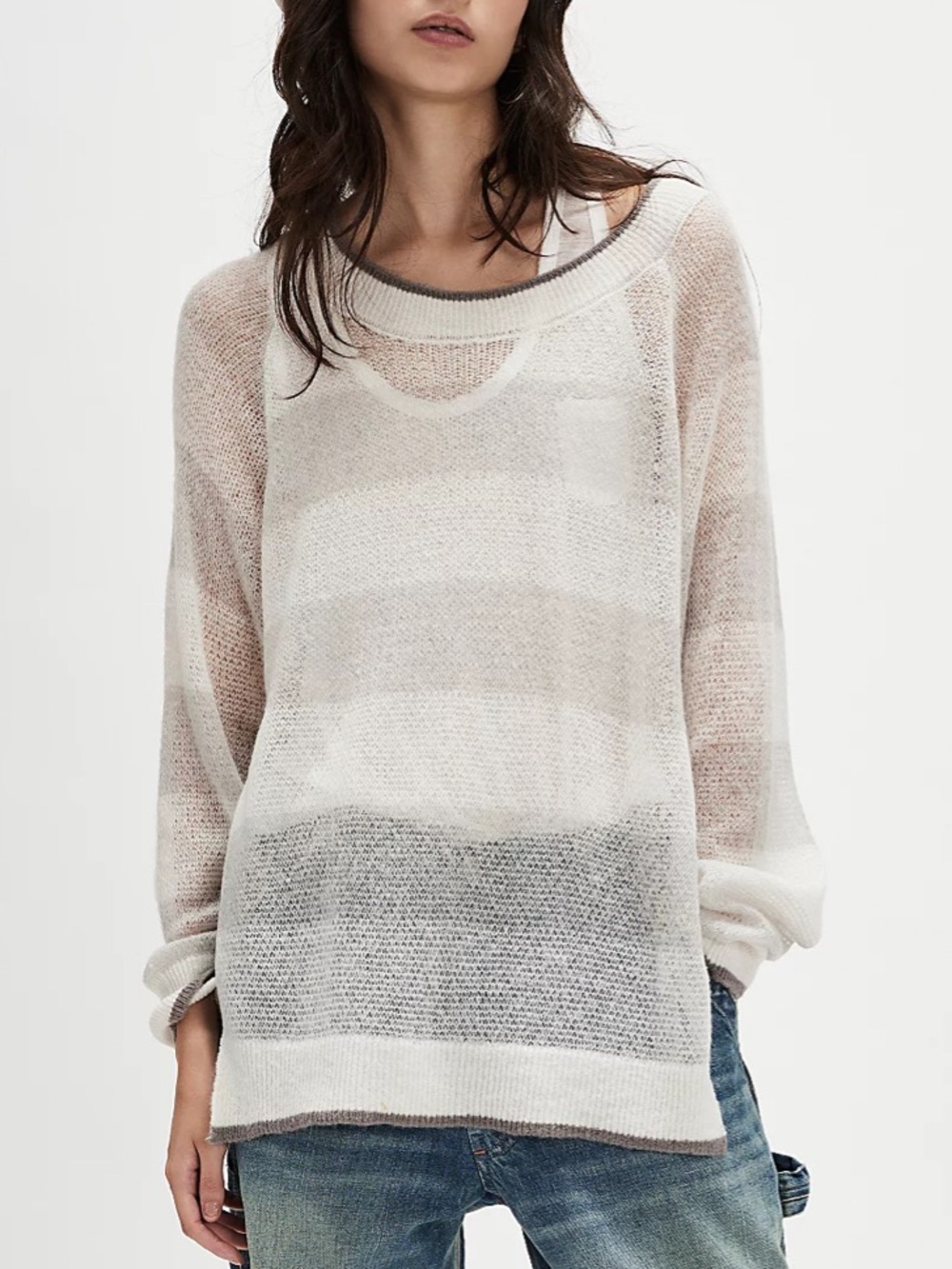 NWT FREE PEOPLE Daphne Sweater Sheer White Gray Stripe Nautical Beach Tunic Sz M